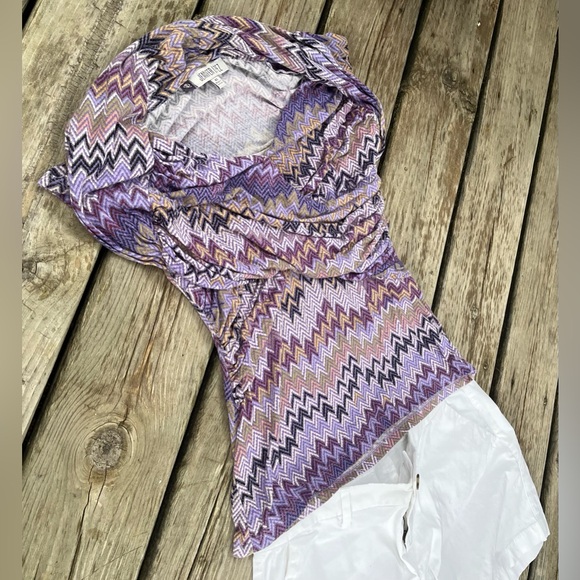 Purple Funky Print Top XS Jennifer Lopez Stretchy Soft Fun Short Sleeve Shirt - Picture 9 of 12